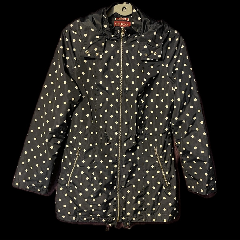 Merona Peacoat Raincoat dark navy blue w/white polka dots size S